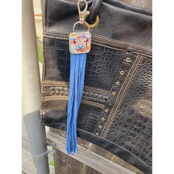 Handmade cow lover boho Leather Fringe Western bag charm, Long fringe keychain - Picture 4 of 4